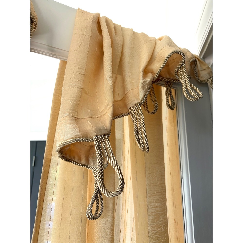 Vintage Gold Sheer Crinkle Curtain 50x85 Panels Textured Rope Loop Header Pair - Picture 6 of 9